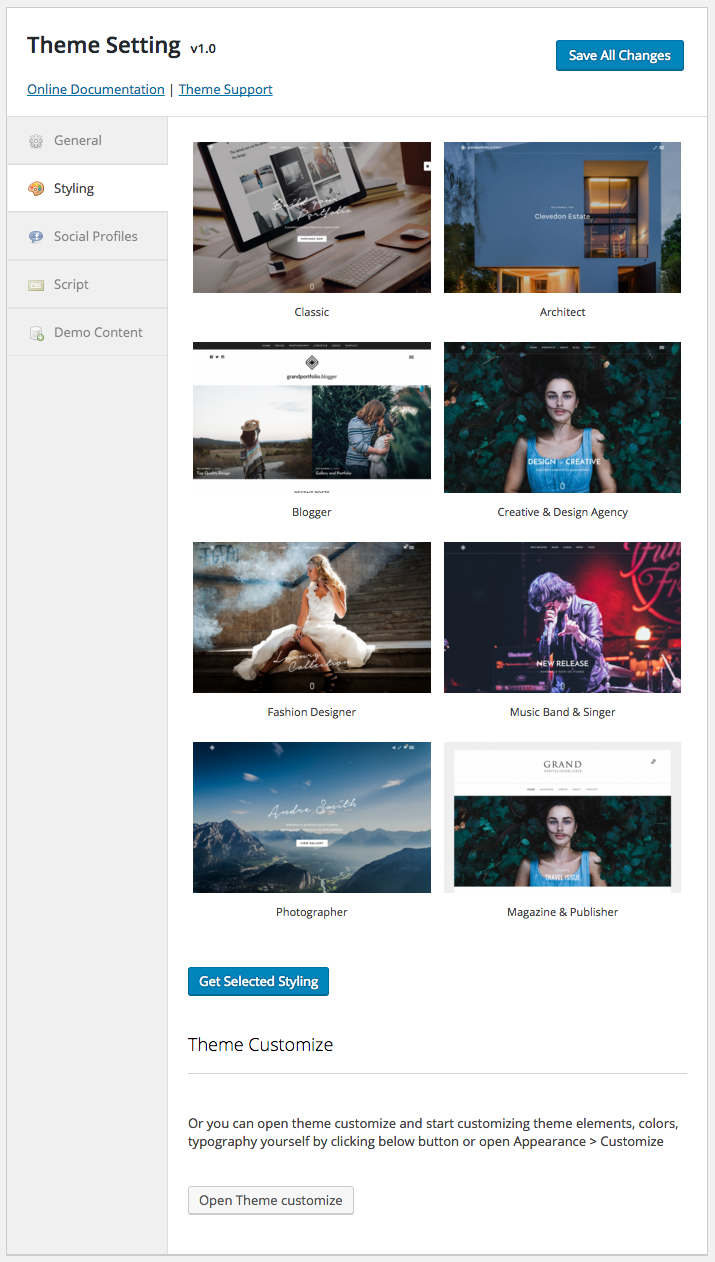 Theme Setting > Styling to setup all theme’s predefined stylings
