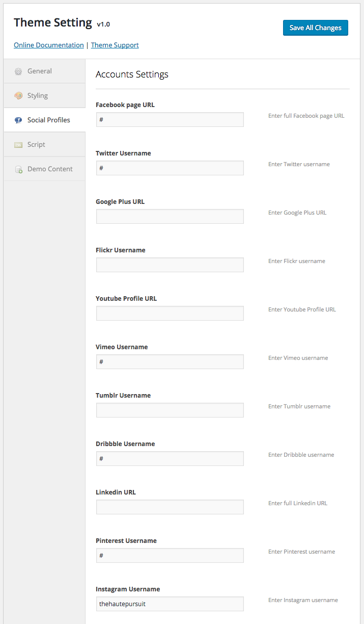 Theme Setting > Social Profiles for all social media options