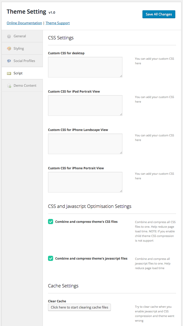 Theme Setting > Script for custom CSS and script compression features
