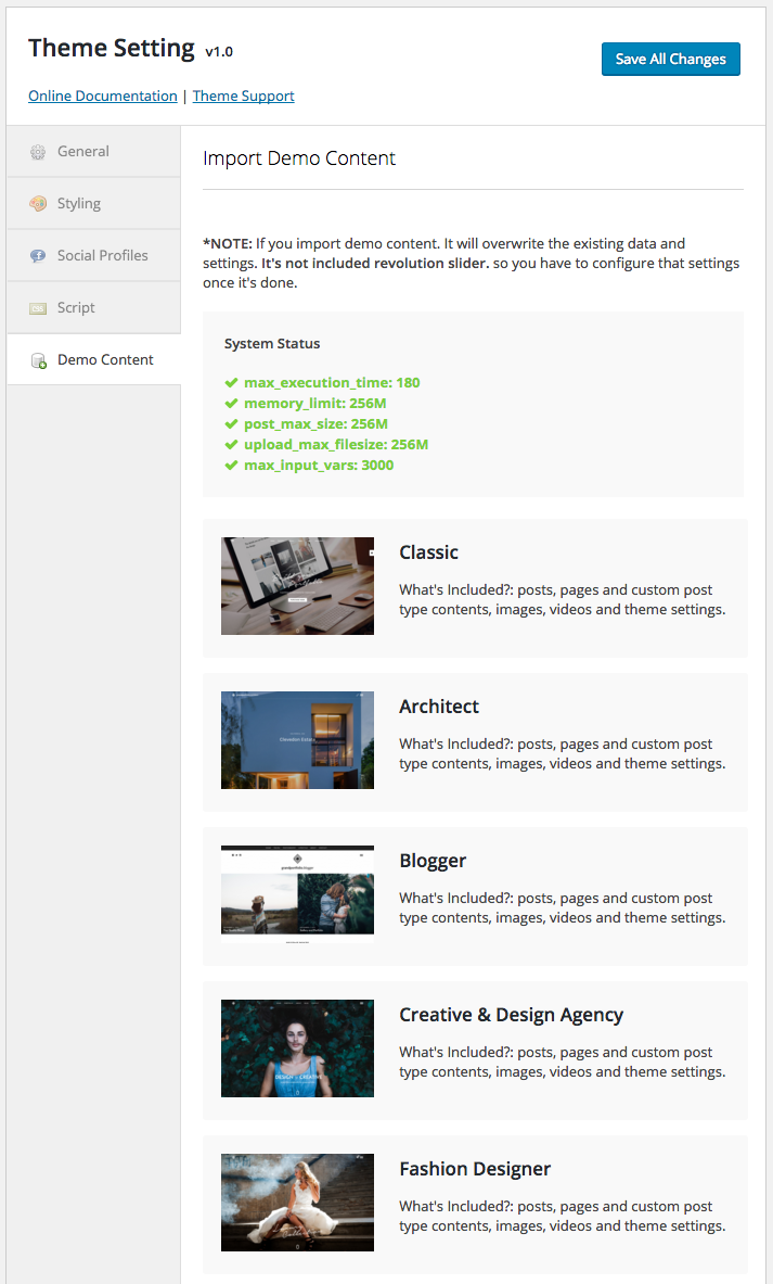 Theme Setting > Demo Content for content importing feature