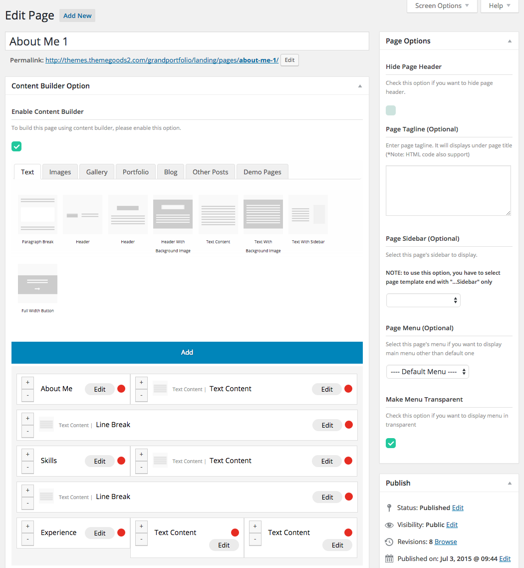 Portfolio Content Builder Options